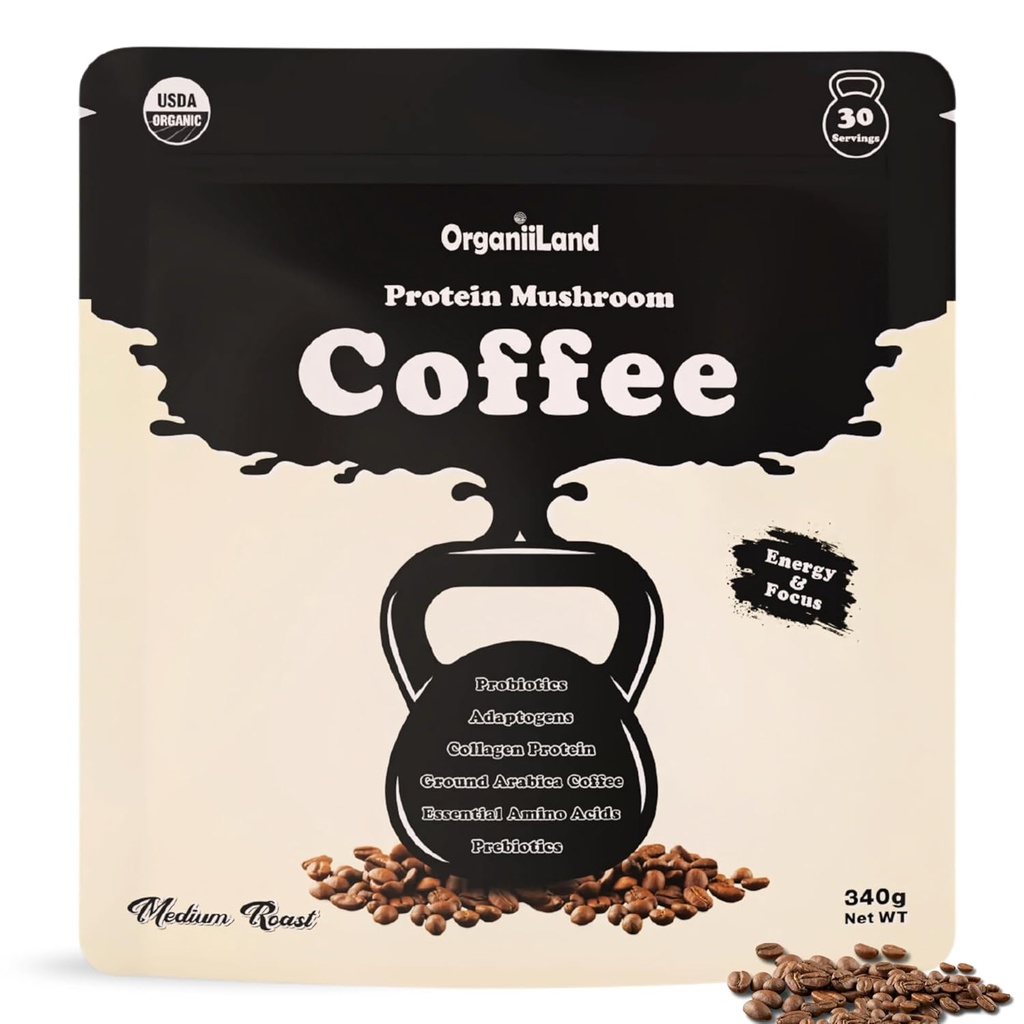 Protein Mushroom Coffee by OrganiiLand | Ground Coffee with Collagen, Lion's Mane, Chaga, Türkiye Tail, Reishi, Maitake, L-Theanine | Focus, Energy, Immunity, ve Digestion | 30 Hizmet