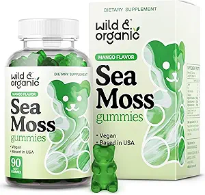 Wild & Organic Irish Sea Moss Gummies 1600 mg - Kompleks w/Bladderwrack ve Burdock Root - Sea Moss Gel Chews for General Support - Chondrus Crispus - 90 Vegan, Non-GMO Seamoss Gel Gummies