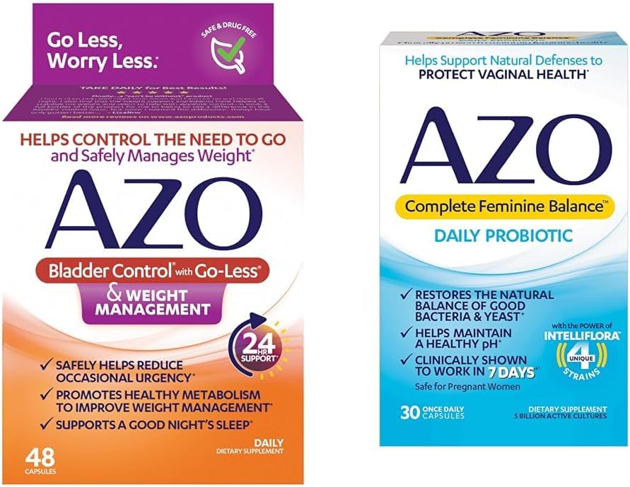 AZO Έλεγχος της ουροδόχου κύστης με Go-Less® & Διαχείριση βάρους Συμπλήρωμα διατροφής & Πλήρης Γυναικεία Ισορροπία Καθημερινή Προβιοτικά για τις γυναίκες, κλινικά αποδεδειγμένα για να βοηθήσει την προστασία