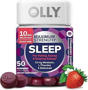 OLLY Max Strength Sleep Gummy, 10mg Μελατονίνη, L-Θεανίνη, Χαμομήλι, Λέμον Μπάλμ, Ζάχαρη Δωρεάν, Χορτοφαγική Βοήθεια Ύπνου, Φράουλα - 50 Κόμη