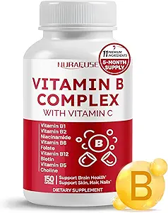 Vitamin B Complex Vitamin B1, B2, 6,9,12 Niacin, with Vitamin C - Support Brain Health, Energy Levels, Skin, Hair, and Nails - Made and Tested in The USA