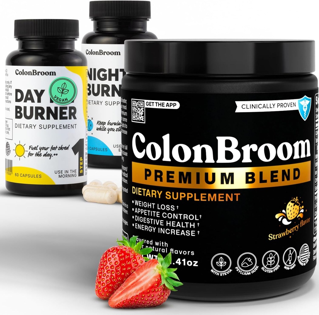 KolonBroom Premium Psyllium Husk Toz, Kolon Broom Koloni Bloser Fiber Supplement for Bloating Relief & Gut Health + Day & Night Burner Supplements, Kilo Management Pills (60 Hizmet)