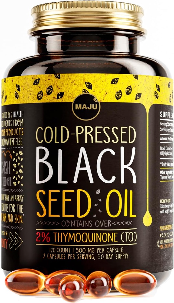 Maju Superfoods Black Seed Oil Capsules, Güçlü Cold Pressed,% 2 Thymoquinone, %100 Türk Siyah Cumin Nigella Sativa Tohum Yağı, Organik BSO, Sıvı Blackseed, 120, 500 mg per Capsule