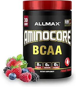ALLMAX Διατροφή AMINOCORE BCAA Σκόνη, 8,18 γραμμάρια αμινοξέων, Ενδο- και μετά την προπόνηση ανάκτησης ποτών, χωρίς γλουτένη, Punch φρούτων, 315 g