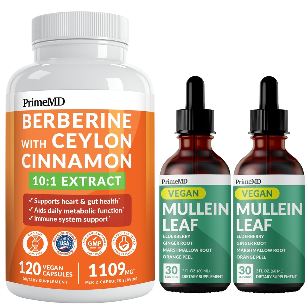 21-in-1 Berberine Supplement with Ceylon Cinnamon Chromium, Bitter Melon ve Green Tea Extract (120 ct) & 5-in-1 Mullein Drops for Lungs and Respiratory Lung Health & Bronchial Support (60 hizmet)