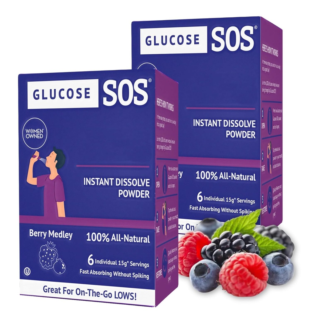 Glucose SOS Glucose Toz Paketleri Natural Dextrose, Fast-Abxia Bu, No Water Needed ile Ağızınızda Ayrılma, Berry Medley 12 Hizmet