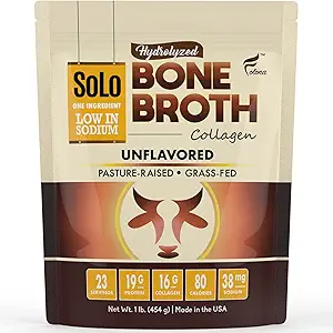 Solo Bone Broth protein Collagen Toz Low sodyum, 16g Hydrolyzed Collagen Type I & III, Sağlıklı Skin, Nails, Saç, Ortaklar ve Digestion, Grass Fed, 1 lb (Bag - Net Wt. 1 lb. Toz)