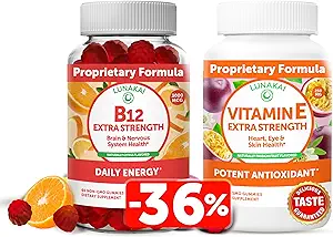 Lunakai Vitamin B12 ve E Gummies Log - 3000 mcg Yetişkinler Enerji Desteği ve Bone Health için Gummies - 250 mg 1000 iu Natural VIT E Plus C Supplements