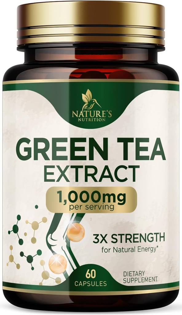 Green Tea Extract Capsules 1000 mg - Standardized 45% EGCG & 98 Polyols - 3X Strength Green Tea Pills for Natural Energy - Supports Heart Health, Herbal Supplement, Vegan, Non-GMO - 60 Capsules