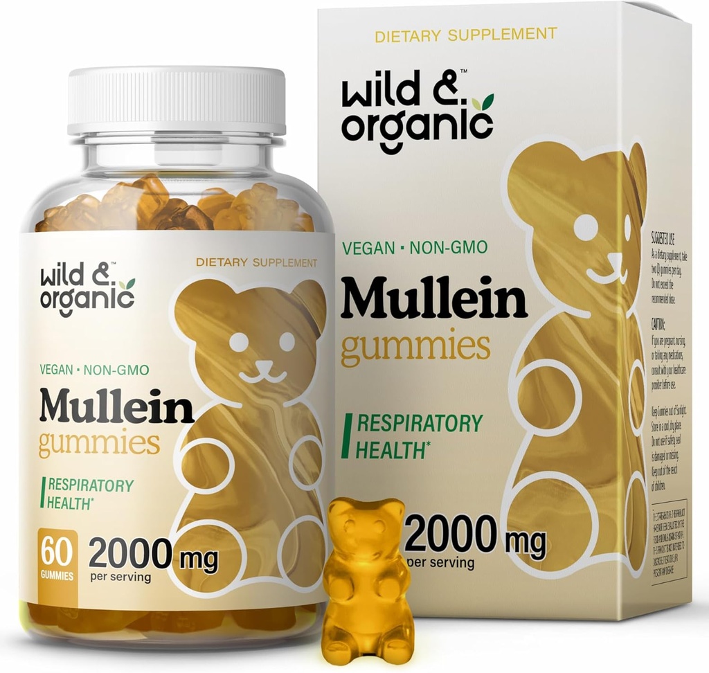 Wild & Organic Mullein Gummies for Lungs 2000 mg - Lung Detox and Cleanse - Vegan Mullein Leaf Gummies for Immune Support - 60 Non-GMO Herbal Ekstra Chews