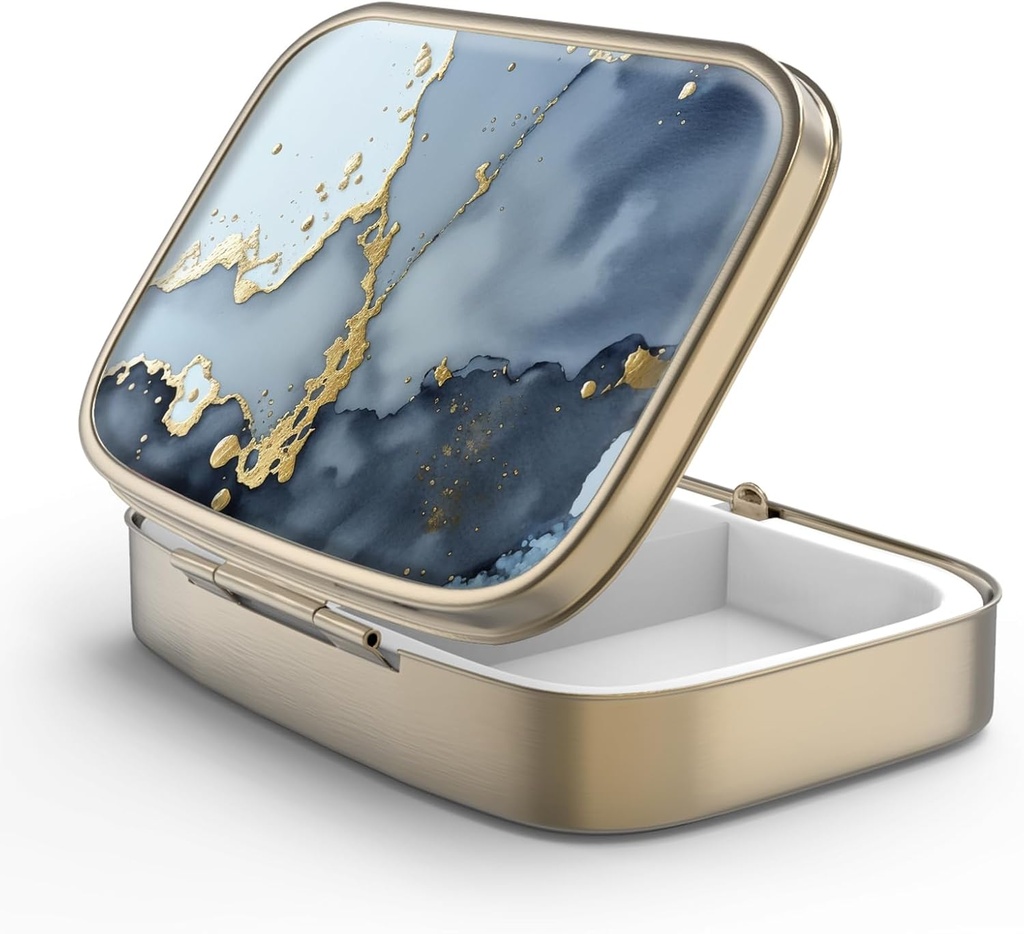 Pill Case Pill Box with Mirror Retro 2tment Small Pill Case for Purse or Pocket Bronz Rectangular Pill Box or Vitamins, Fish Oil, Supplements, Pill Containe Travel Things (Black Gold Mermer)