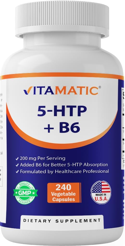 Vitamatic 5-HTP 200 mg with B6 5 mg Per Service - 240 Vejetary Capsules (5-Hydroxytryptophan) - (Griffonia Simplicifolia Tohumu)