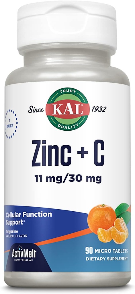 KAL çinko Plus C, Instant Dissolve Vitamin C ve çinko, Hücresel Fonksiyonl ve Immune Support, Optimal Abors, Natural Tangerine Flavor, 60-Day Money-Back, 90 Hizmet, 90 Micro Tablet