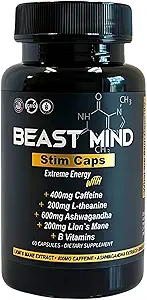 Extreme Energy Pills | 400 mg Caffeine | 600 mg Ashwagandha | 200 mg Lions Mane | Art & Focus & Mood Tarafından Beast Mind