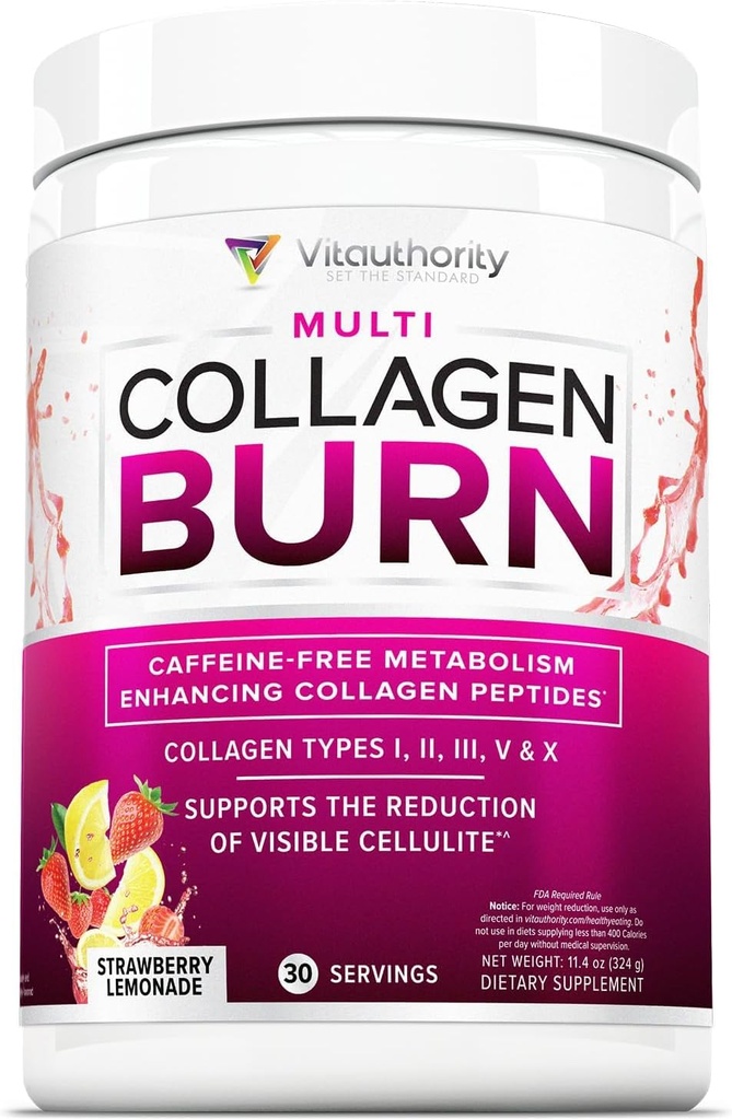 Multi Collagen Burn: Hydrolyzed Protein, with Hyaluronic Acid, C, SOD B Dimpless, Tip I, II, III, V ve X, Caffeine-Free Strawberry Lemonade Flavored 30 Servisler