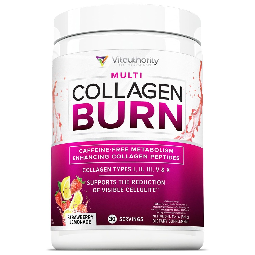 Multi Collagen Burn: Hydrolyzed Protein, with Hyaluronic Acid, C, SOD B Dimpless, Tip I, II, III, V ve X, Caffeine-Free Strawberry Lemonade Flavored 30 Servisler