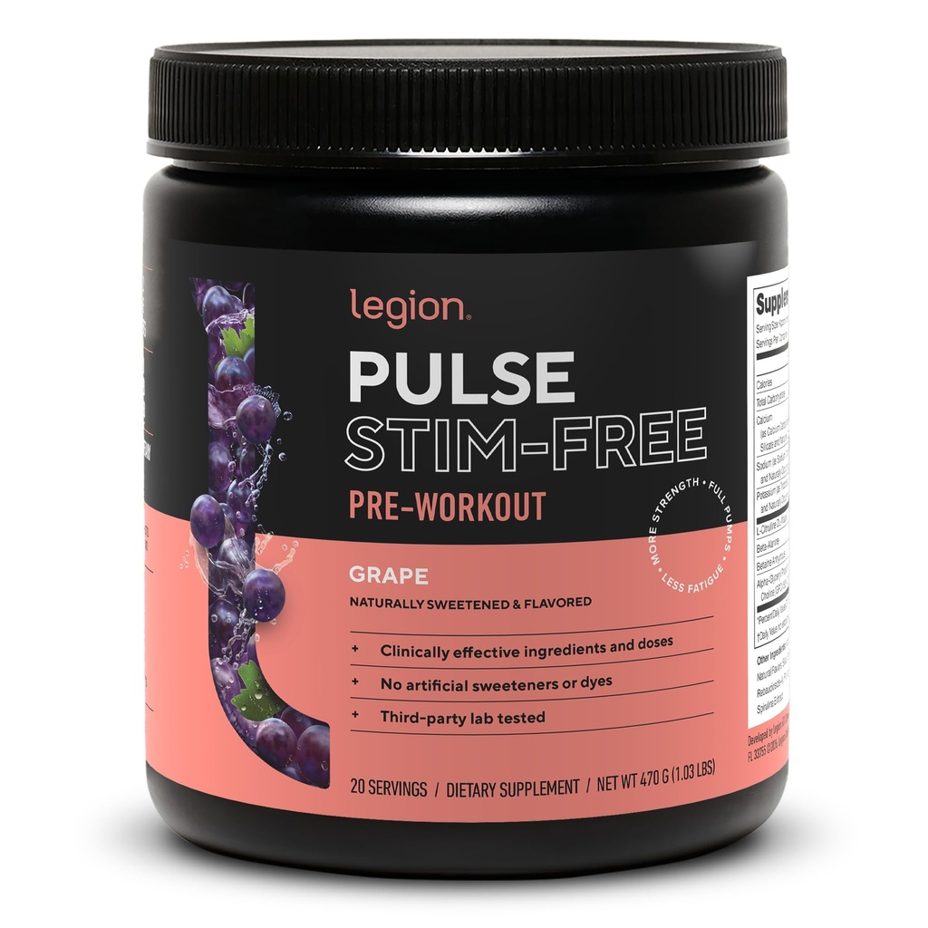 LEGION Pulse Pre Workout Supplement - All Natural Nitric Oksit Preworkout Drink to Boost Energy, Kretine Free, Doğal olarak Sweetized, Beta Alanine, Citrulline, Alpha GPC (Caffeine Free Grape)