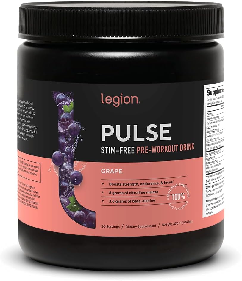 LEGION Pulse Pre Workout Supplement - All Natural Nitric Oksit Preworkout Drink to Boost Energy, Kretine Free, Doğal olarak Sweetized, Beta Alanine, Citrulline, Alpha GPC (Caffeine Free Grape)