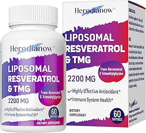 Liposomal Resveratrol TMG Supplement 2200 MG,% 99 Saf Trans-Resveratrol & Tri Metilglycine- Antioksi, Immune System, Skin & Health, 60 Softgels (Pack of 1)