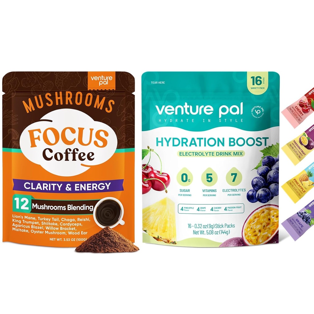 Venture Pal Mushroom Coffee & Electrolyte Powder Bundle: 12 in 1 Coffee with Ashwagandha & Sugar-Free Ηλεκτρολυτικά Πακέτα για Εστίαση, Ανοσία, Ενυδάτωση & Ανάκτηση - 40 Υπηρεσίες & 16 Sticks