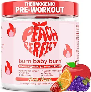 Peach Perfect Burn Baby Burn Pre Workout Powder for Women, Fruit Punch, for Energy, with Electrolytes, Apple Cider Vinegar, Natural Caffeine Green Tea, & L Carnitine, Energy Drink Powder, 30 Services
