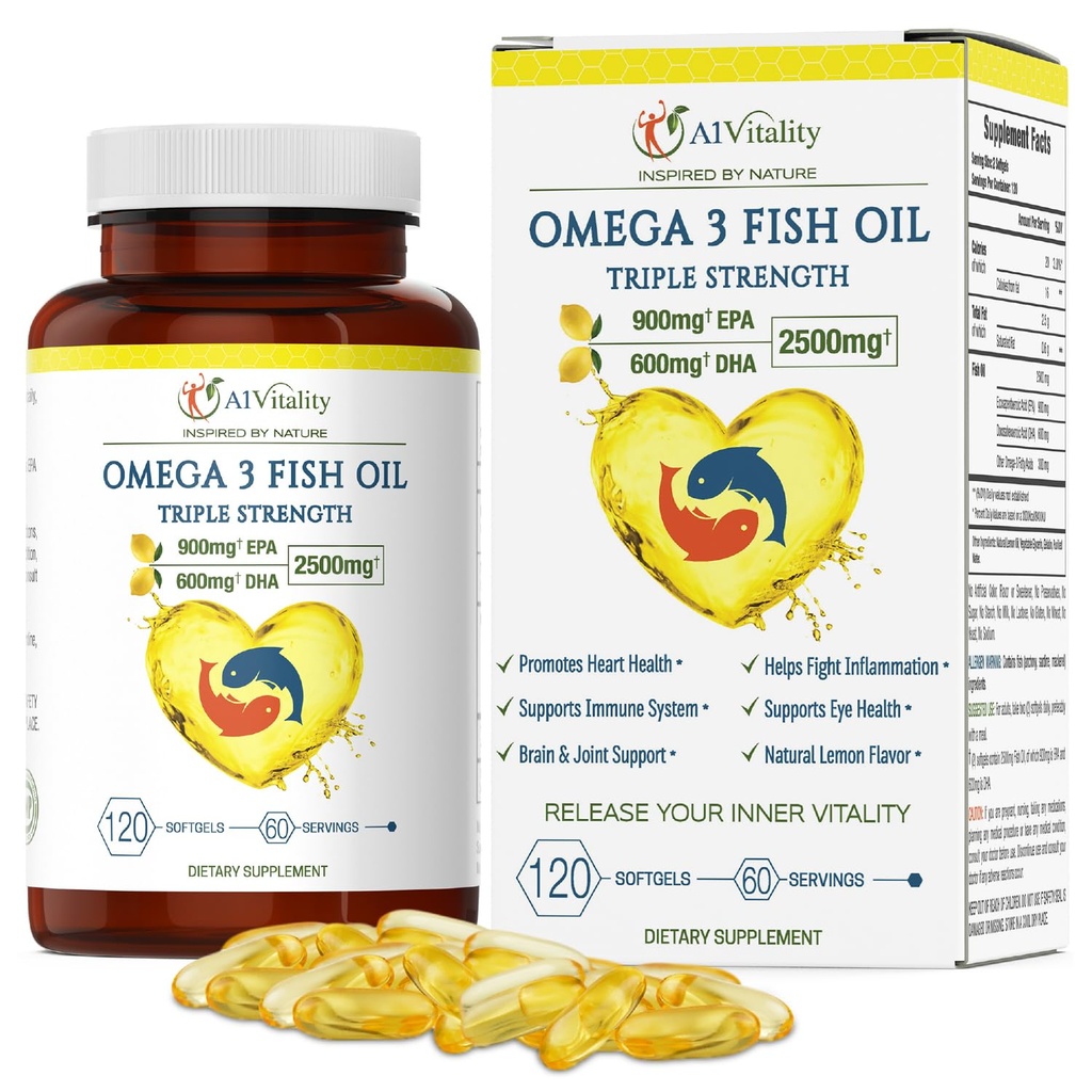Omega 3 Triple Strength EPA DHA Supplement - 2500 mg Lemon Burpless Fish Oil - Yüksek Potency 900 mg EPA 600 mg DHA Supports Circulation, Brain, Heart, Eye, Skin, Bone & Commons - 120 Softgels