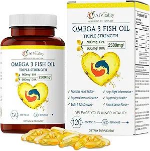 Omega 3 Triple Strength EPA DHA Supplement - 2500 mg Lemon Burpless Fish Oil - Yüksek Potency 900 mg EPA 600 mg DHA Supports Circulation, Brain, Heart, Eye, Skin, Bone & Commons - 120 Softgels