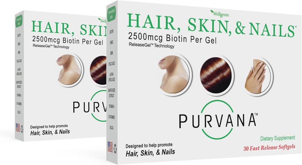 Wellgenix Purvana Hair, Skin, and Nails Vitamin - Softgels for High Abvorvice - Διπλή δύναμη 2500mcg Biotin, VIT A & B (30 Count) (Pack of 2)