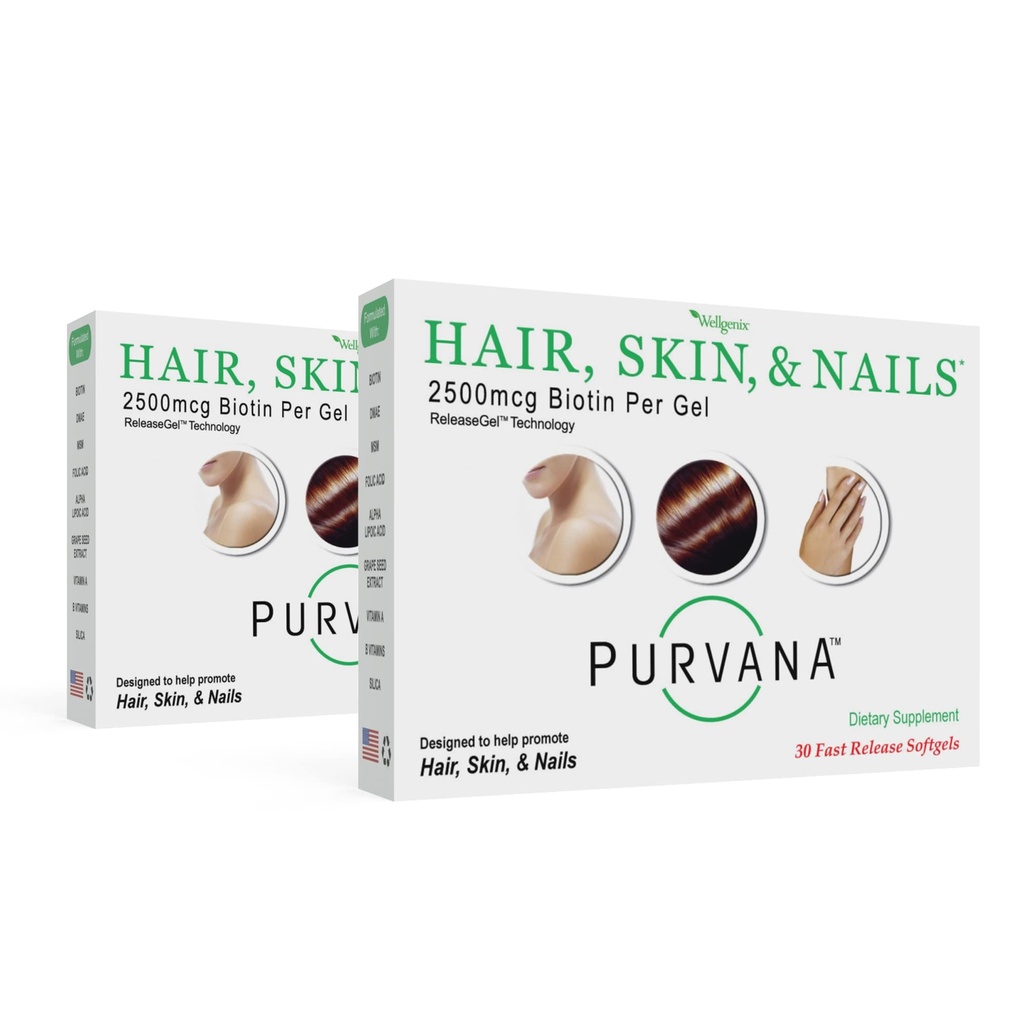 Wellgenix Purvana Saç, Skin ve Nails Vitamini - Yüksek Aborpsiyon için Yumuşakgeller - Çift Güçlü 250006 Biotin, VIT A & B Count (30) (Pack of 2)