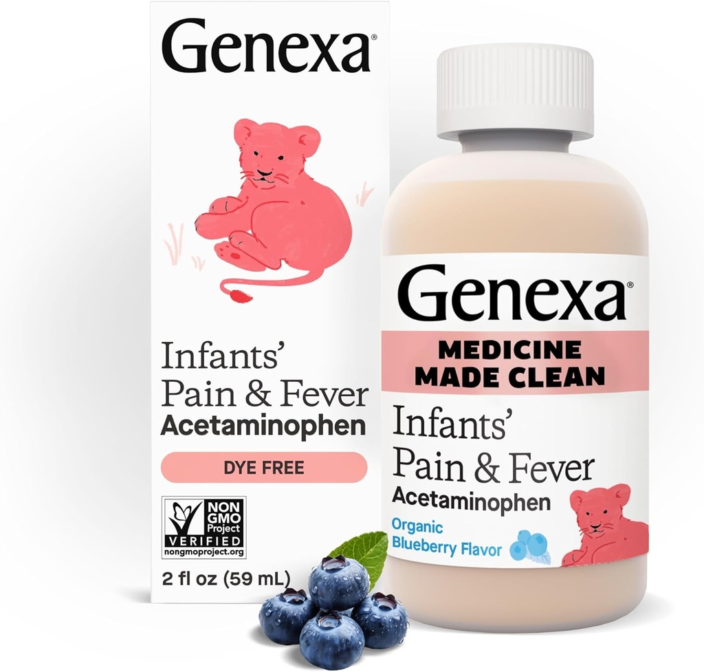 Genxa Infants' Clean Acetaminophen | Pedia Tercih Edilen Malzemeler | Bebekler için Ağrı Reliever & Ateşi | Dye Free, 0% Yapay Katkılar | Organik Blueberry Flavor, 2 fl ozz
