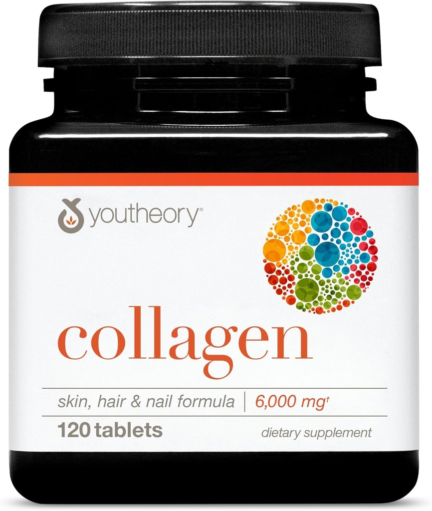 Youtheory Advanced Collagen - 6.000 mg - Vitamin C & Amino Asits - Saç Büyümesi, Skin & Nails* - Ortak, Bone & Muscle Health* - for Women and Men - 120 Tablet (20-Day Supply)