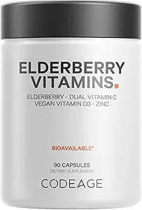 Codeage Elderberry Vitamins - Βιολογικός Μείγμα Βατόμουρου, Βιταμίνη C από Ασκορβικό Οξύ & Βιολογικό Κεράσια Acerola, Βιταμίνη D3, Ψευδάργυρος, Καρύδια Σαμπούκου - 90 Κάψουλες