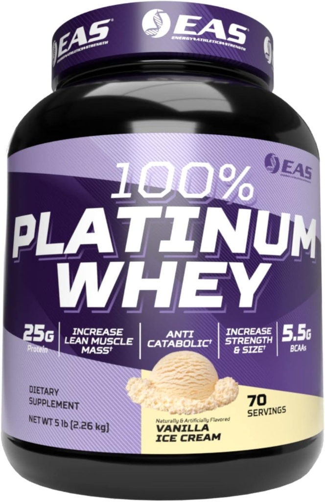 EAS Platinum 100% | 3 Ultra-Platinum Whey proteinleri | Boyut ve Güçlü | 25g proteini, 5.5g BCAAs | 5 Pound (Vanilla Ice Cream)