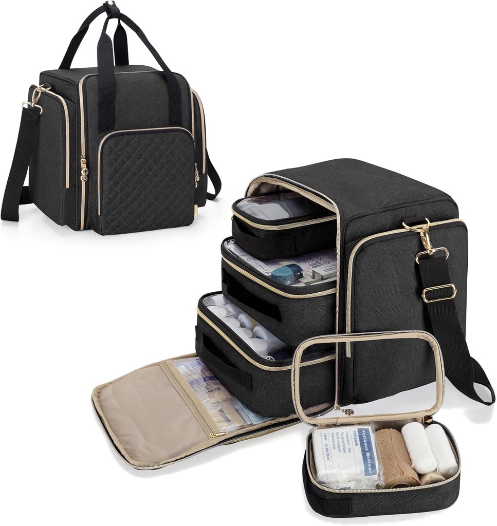 LUXJA Büyük Tıp Bag 4 İç Taşınma Vakaları, Çok işlevli Tıp Depolama Bag (Ev veya Seyahat Kullanımı için Sürdürülebilir), Black Medical Bag (Suitable for Home or Travel Use)