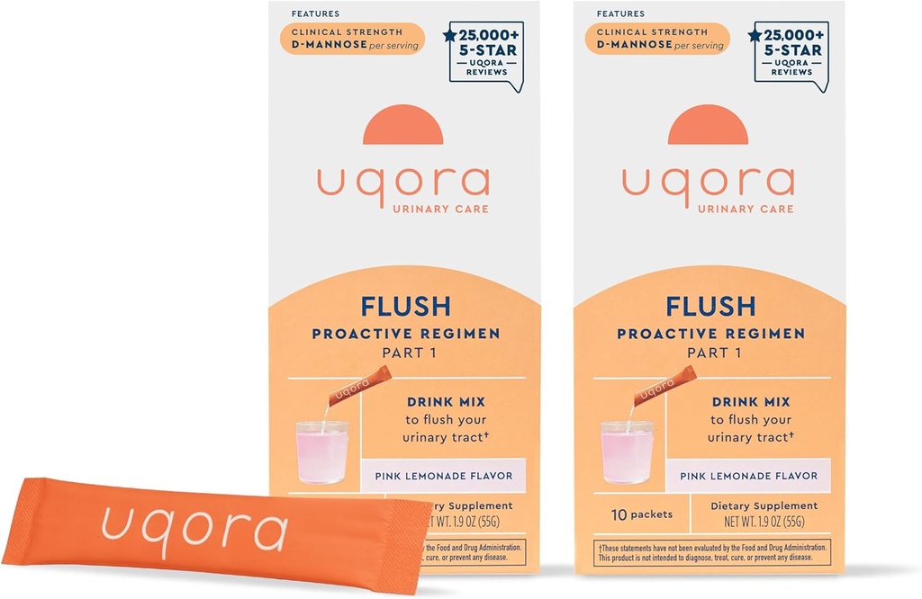 Uqora Flush - Urinary Tract* with D-Mannose, Vitamin C, Vitamin B6, Pyum, Magnezyum & Food - Gluten-Free & Vegan - Pink Lemonade Flavor - 20 Packets (2 Pack)
