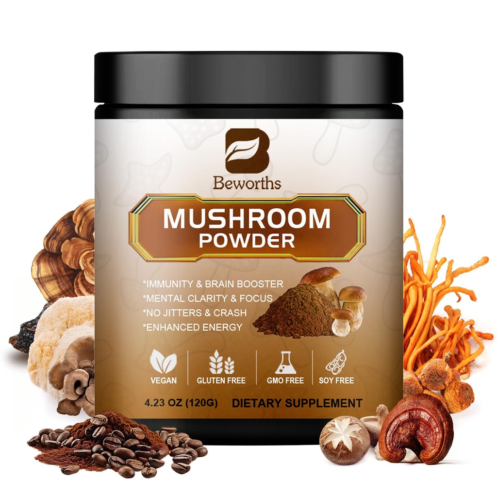 Mushroom Coffee - Lions Mane Mushroom Toz Instant Coffee with Lion's Mane, Reishi, Chaga, Cordyceps ve Türkiye Tail - Mushroom Coffe Alternative for Energy, mental Clarity & Focus, Brainfun