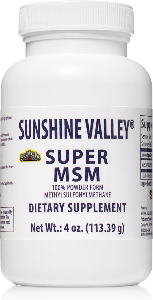Sunshine Valley® Super MSM Supplement - Metilsulfonylmethane MSM Kristals Toz Ortak Destek için, Nails, Hair & Skin Health - 100% Pure Toz, Unflavored, Diyetsel Supplement - 4 ozz