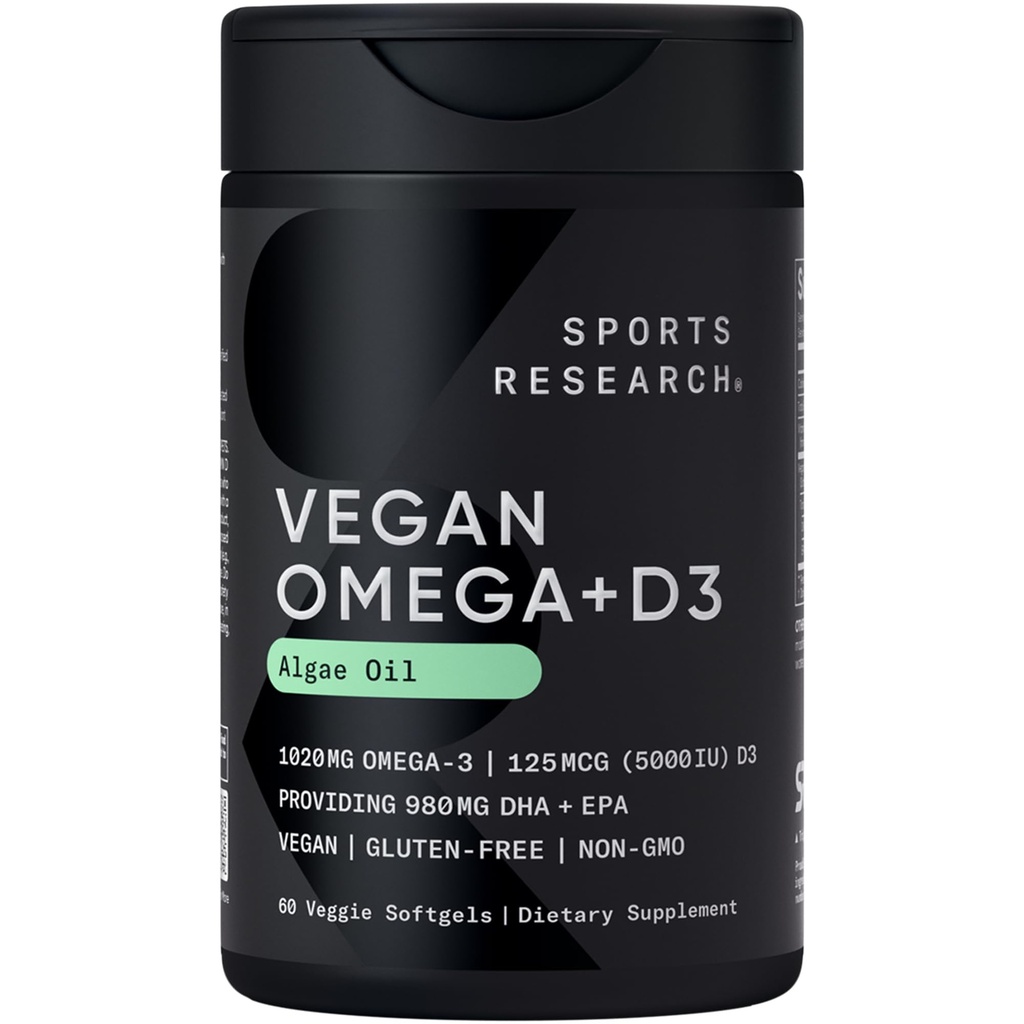 Sports Research Vegan Omega-3 με βιταμίνη D3 Softgels - 1020mg Omega-3 & 5000iu D3 συμπλήρωμα - Fish Oil Εναλλακτική λύση με βιταμίνη D Plant-Βασισμένη υποστήριξη από Algae Oil - 60 Veggie Softgels για ενήλικες