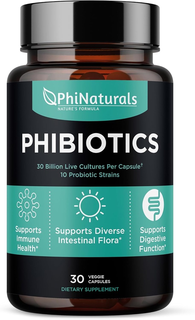 Phi Naturals High Potency Probiyotiks 10 Strains 30 Milyar CFUs [30 Vegan Capsules] for Women and Men Digestive Gut Health - Lactobacillus Acidofilius Salivarius Rhamnosus Bifidobacterium Probiyotikos