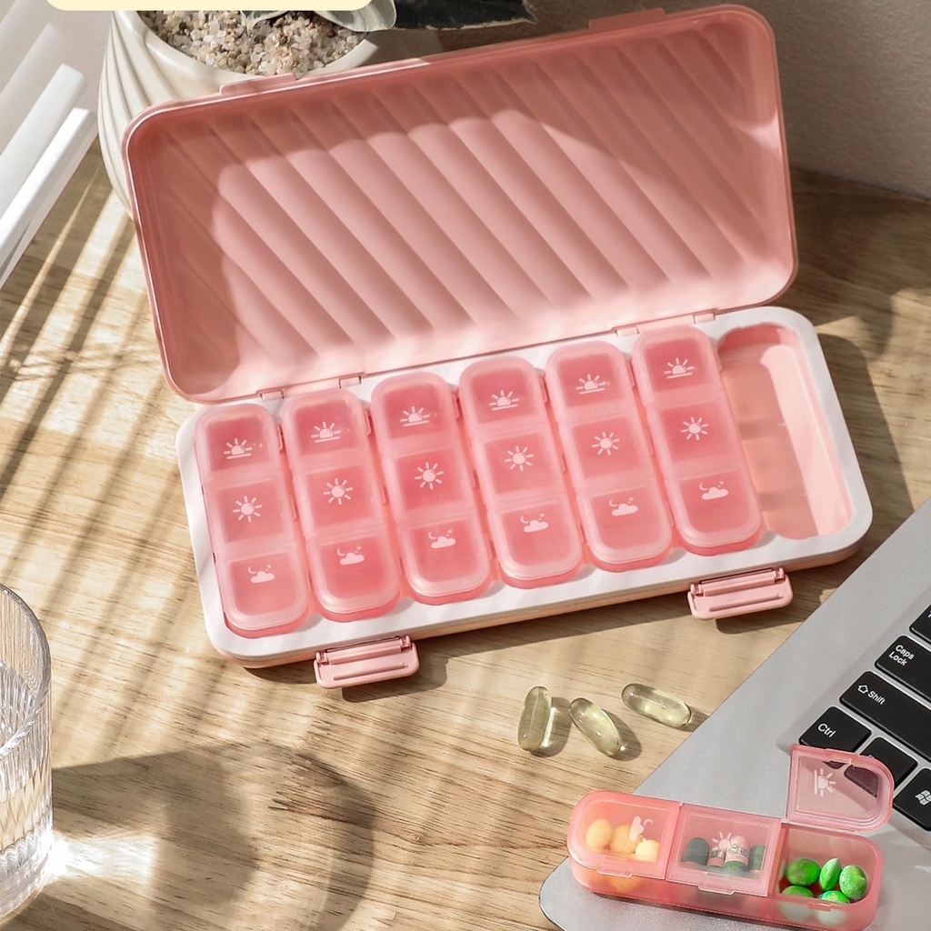 Pill Organizer 3X bir gün, Pink Pill Organizer 3 Times bir gün, Işık-Proof Pill Box 7 Day Pill Cases, No Text Pill Box Organizer,Flat Medicine Organizer Box to Hold Vitamins and Drug(Pink)