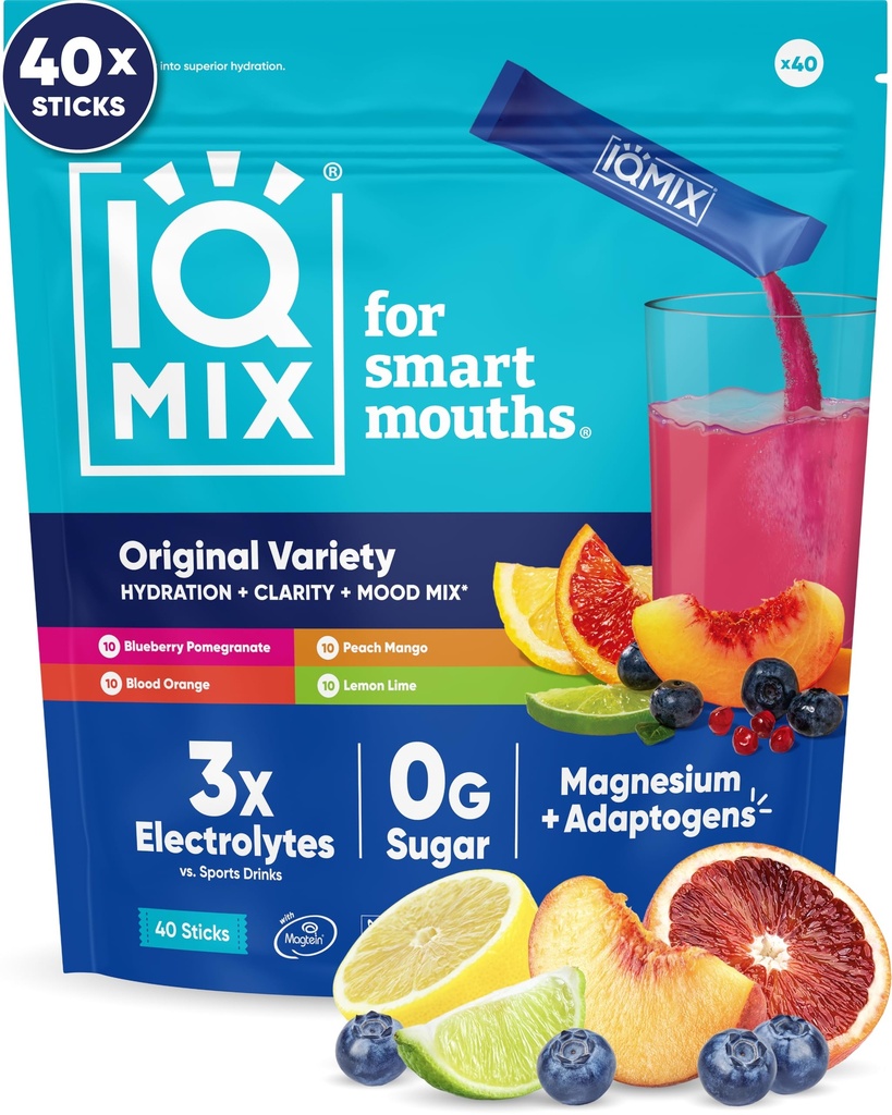 IQMIX Hydration Electrolyte Toz – 4-in-1 Formula for Hydration, mental Clarity, Mood and Recovery – Sugar-Free Drink Mix, Keto, Magnezyum L-Threonate, Lion's Mane – 40 Kont Çeşitli Paket