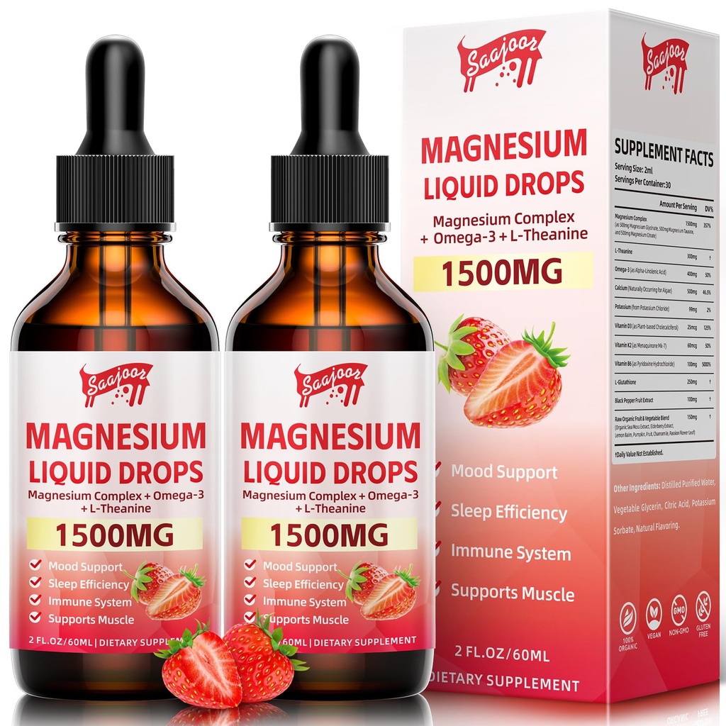 2 Pack Glycinate Liquid Drops, 1500 mg Magnezyum B6, D3, L - Theanine, Omega3, Support Night, Muscle, Bone, Mood, Strawberry Flavor - 4 Fl Oz (120 ml) Şişe