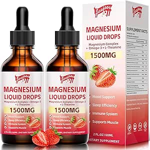 2 Pack Glycinate Liquid Drops, 1500 mg Magnezyum B6, D3, L - Theanine, Omega3, Support Night, Muscle, Bone, Mood, Strawberry Flavor - 4 Fl Oz (120 ml) Şişe