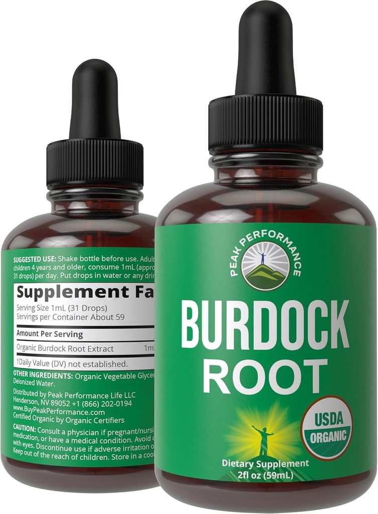 Peak Performance USDA Organic Burdock Root Liquid Drops Supplement. Vegan Kadın ve Erkekler için Tincture. Organik Burdock Kök Petrol Herb. Zero Sugar, Gluten Free Supplements
