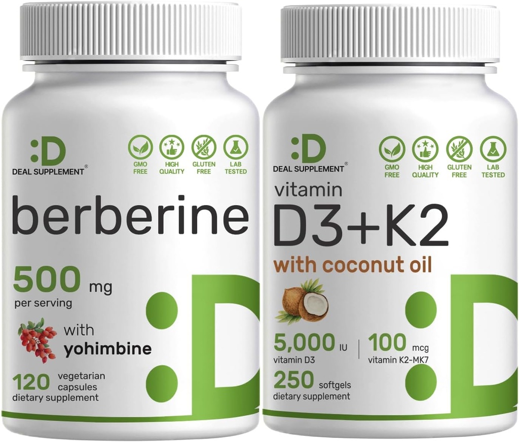 DEAL SUPPLEMENT Vitamin D3 5000iu + K2 100mcg Softgels & Berberine Supplement with Yohimbine Sche - Essential Sunshine Vitamins - High Abxia HCl Forms