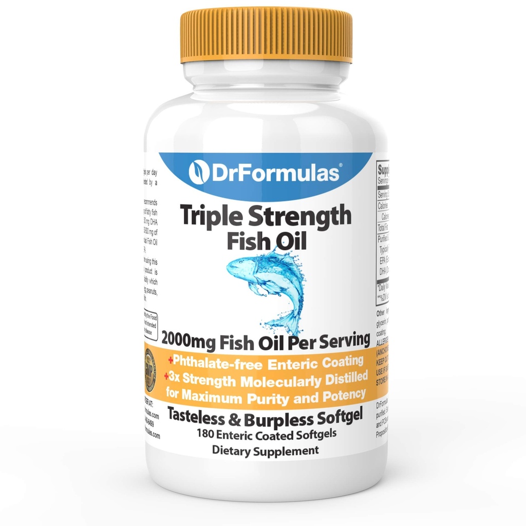 DrFormulas 2000 mg Triple Strength Omega 3 Fish Oil with EPA and DHA, 180 Burpless Softgels