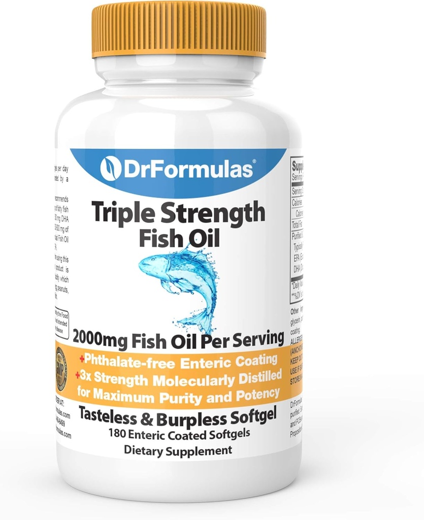 DrFormulas 2000 mg Triple Strength Omega 3 Fish Oil with EPA and DHA, 180 Burpless Softgels