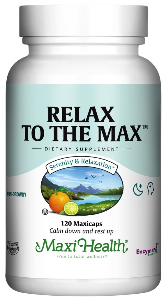Maxi Health - Relax to the Max Stress Relief Formula (120 Count) Mood Relief Capses with Vitamin C, Calcium, L-Theanine, L-Tarine & Amino Acids - Όλα τα φυσικά συμπληρώματα ηρεμίας και χαλάρωσης