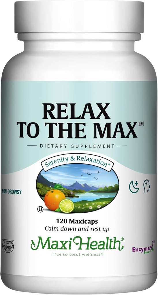 Maxi Health - Relax to the Max Stress Relief Formula (120 Count) Mood Relief Capses with Vitamin C, Calcium, L-Theanine, L-Tarine & Amino Acids - Όλα τα φυσικά συμπληρώματα ηρεμίας και χαλάρωσης