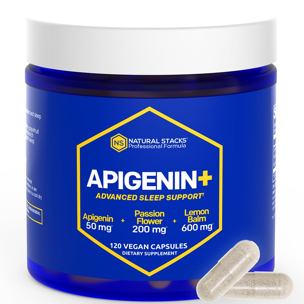 NATURAL STACKS Apigenin Supplement for Sleep - 50mg Apigenin & 600mg Lemon Balm - Melatonin Free Sleep Aid - with Passion Flower Extract for Stress Support* - 120 Lemon Balm Capsules